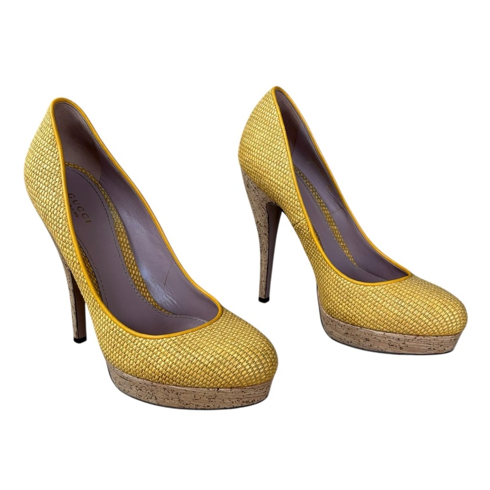 GUCCI Bumblebee Yellow Woven Jute & Cork Platform Heels